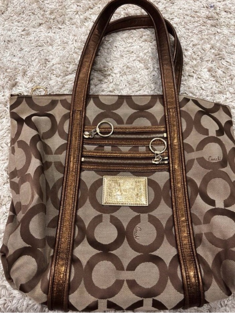 Coach Poppy Glam Tote 13826 Brown Signature C Canvas Bronze Leather Shoulder Bag